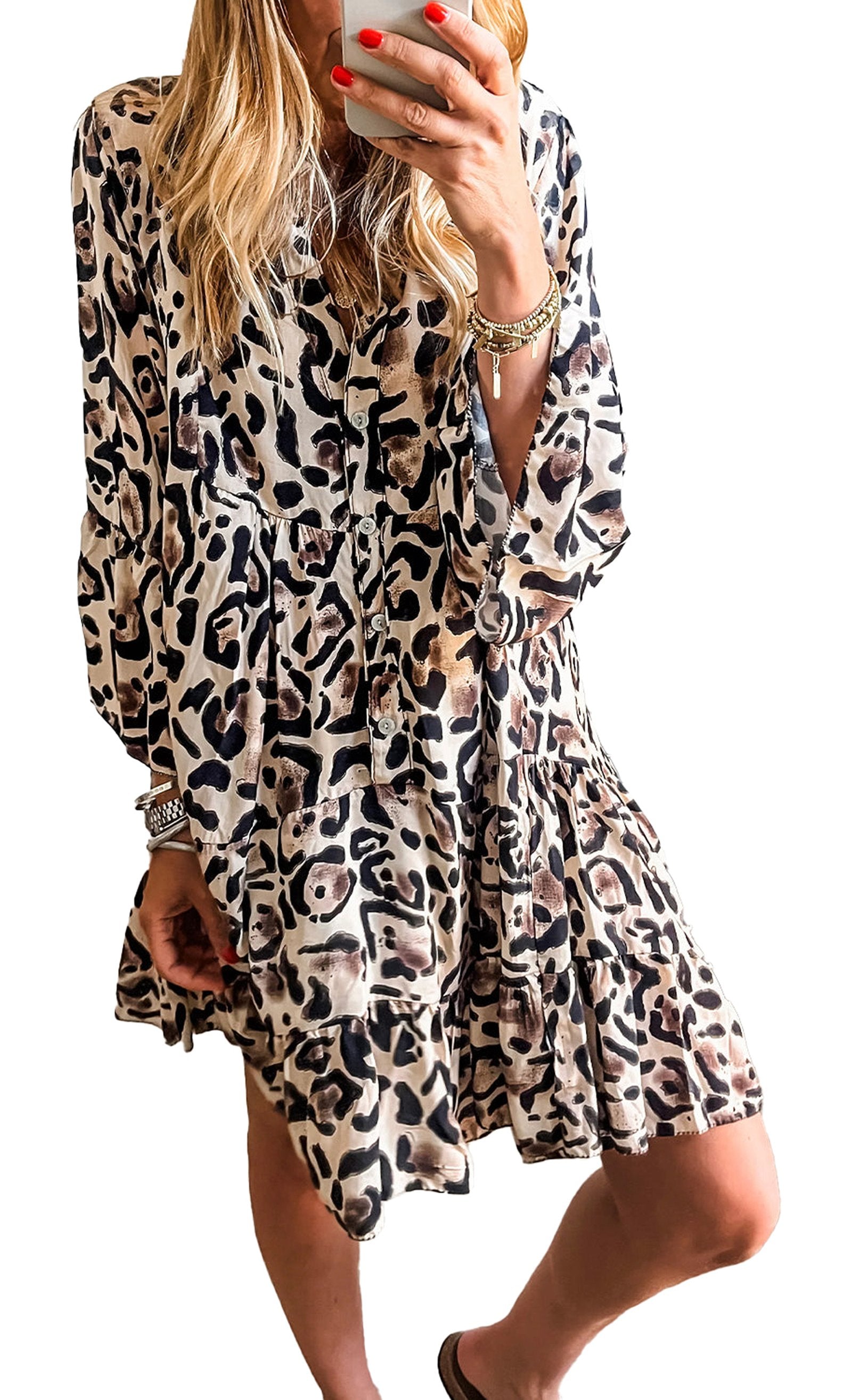 LuckeLadybug black leopard print dress mini with long sleeves tiered ruffle hem casual fit