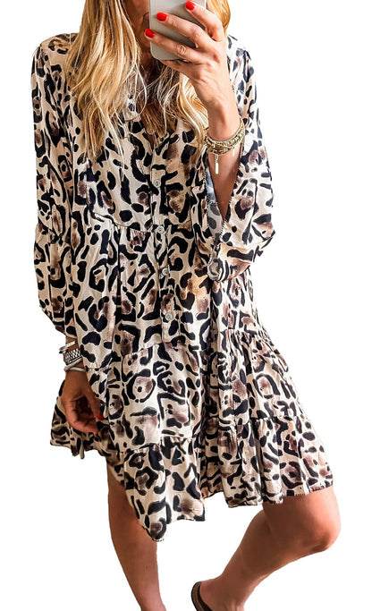 LuckeLadybug black leopard print dress mini with long sleeves tiered ruffle hem casual fit