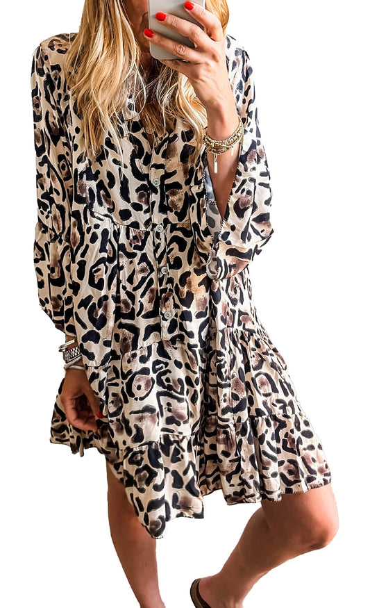 LuckeLadybug black leopard print dress mini with long sleeves tiered ruffle hem casual fit