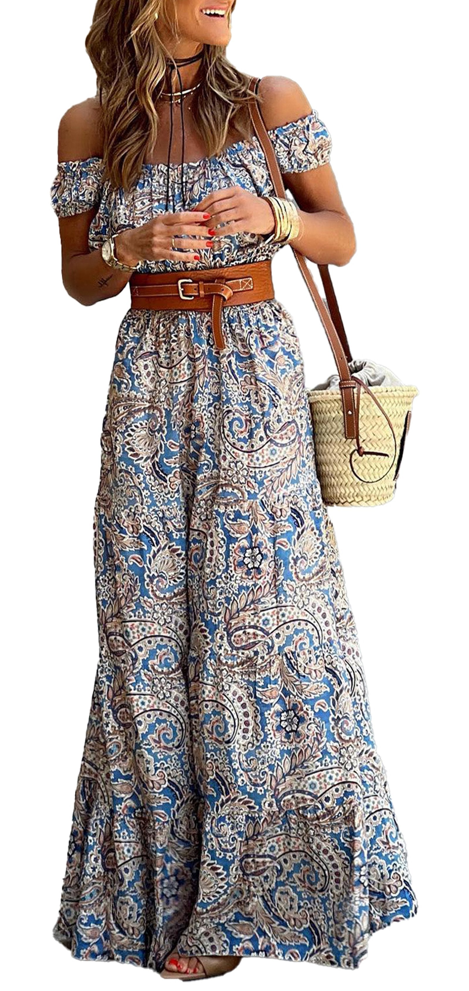 LuckeLadybug blue boho paisley maxi dress off shoulder smocked bodice with tan belt and straw bag
