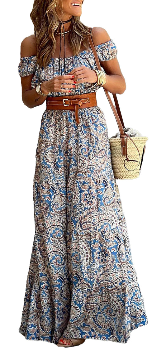 LuckeLadybug blue boho paisley maxi dress off shoulder smocked bodice with tan belt and straw bag