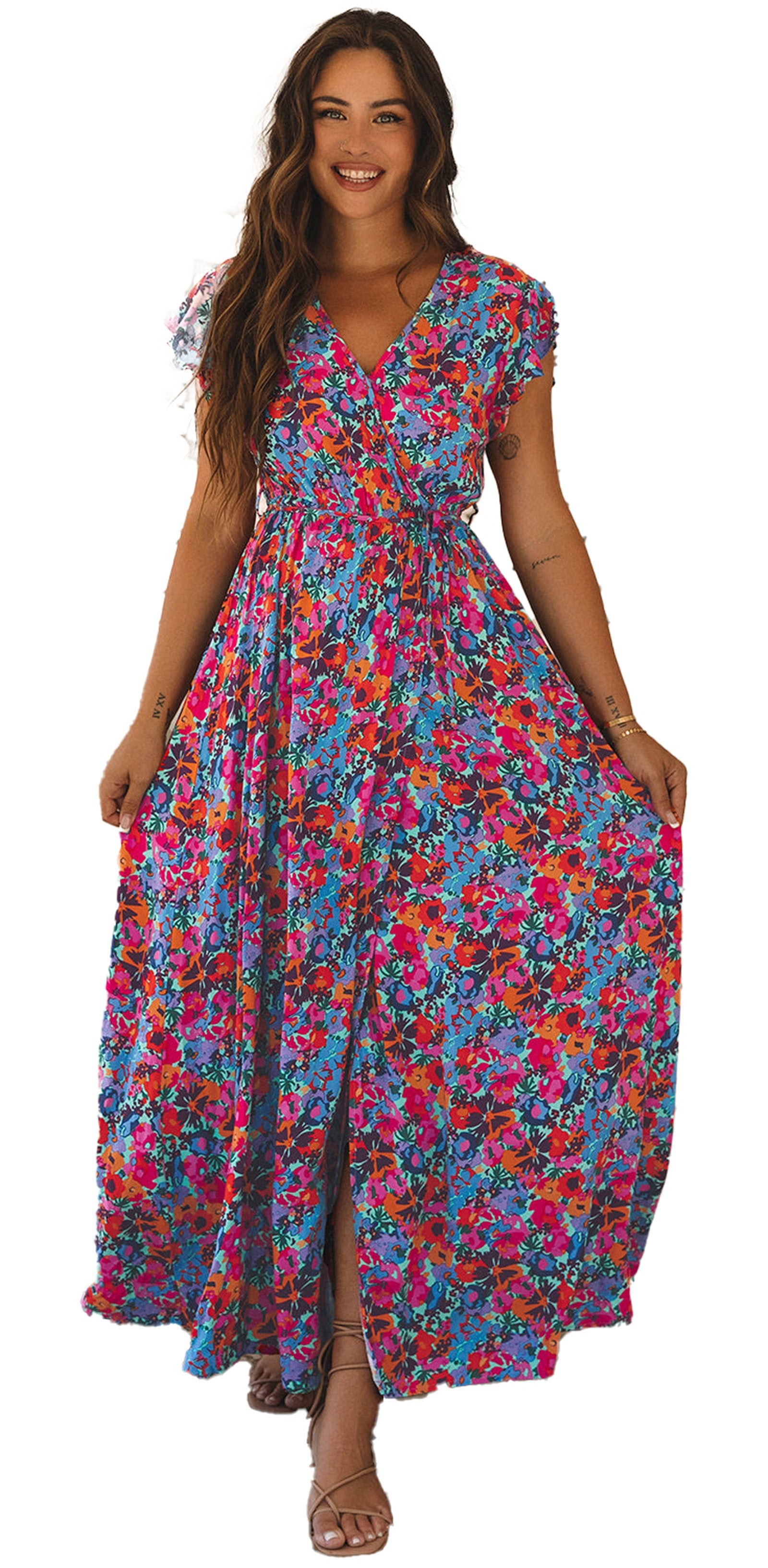 LuckeLadybug blue floral maxi dress on smiling model with V neck flutter sleeves and side slit