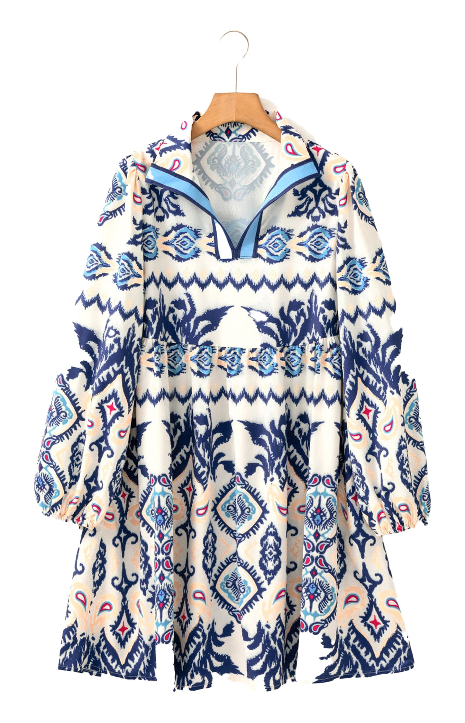 LuckeLadybug blue ethnic print mini dress with V neck long puff sleeves and gathered waist for casual boho style
