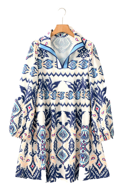 LuckeLadybug blue ethnic print mini dress with V neck long puff sleeves and gathered waist for casual boho style