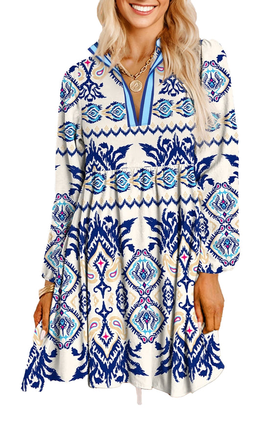 LuckeLadybug blue ethnic print mini dress with long sleeves v neck collar and flared skirt