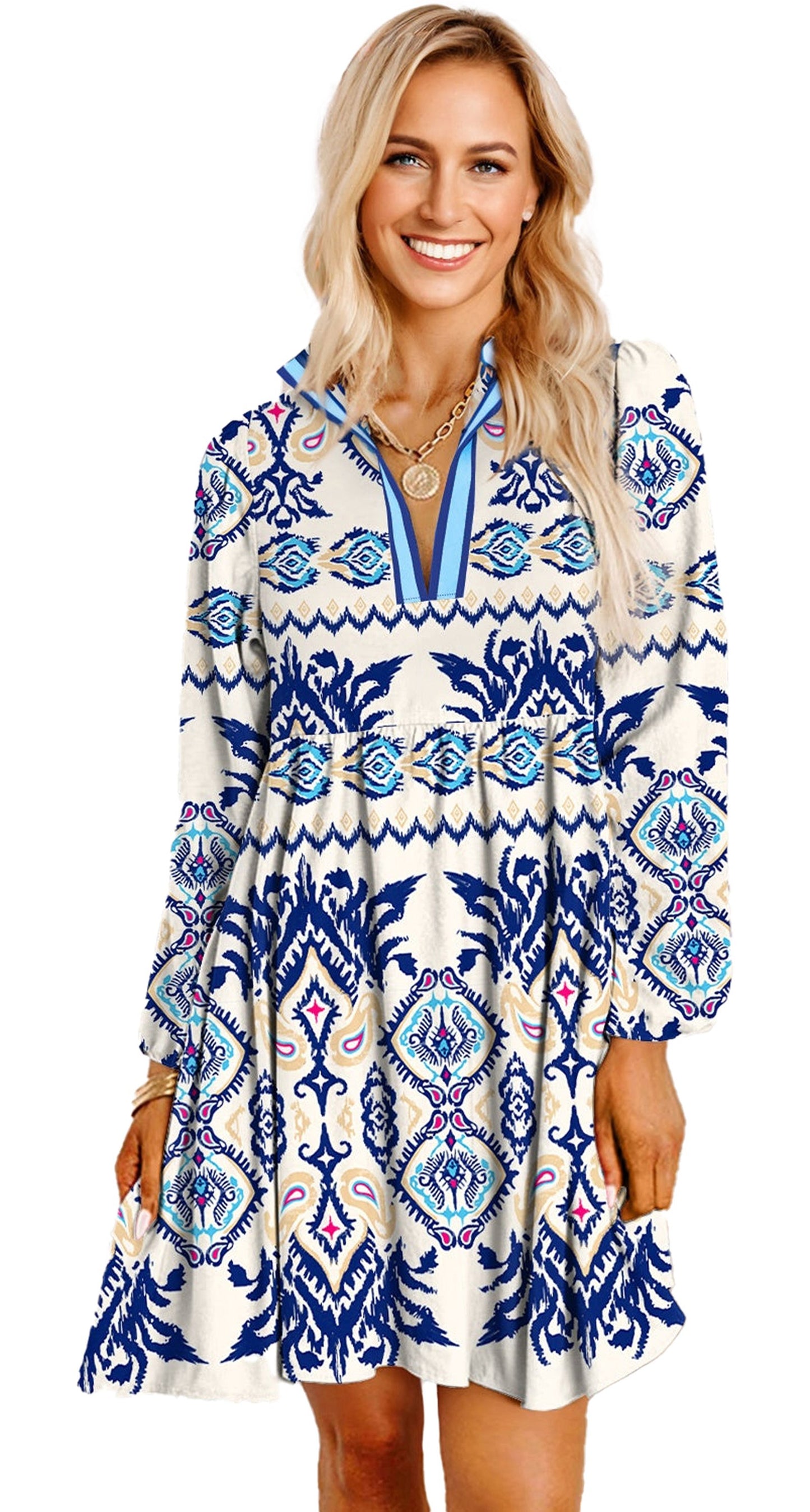LuckeLadybug blue ethnic print mini dress long sleeve V neck fit and flare boho style on model
