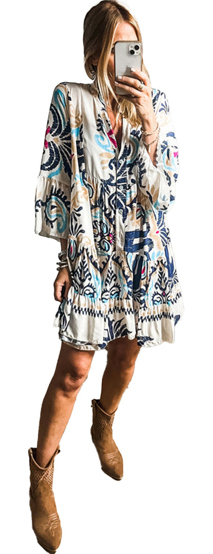 LuckeLadybug white tribal print mini dress long sleeve boho tiered hem worn with tan cowboy boots