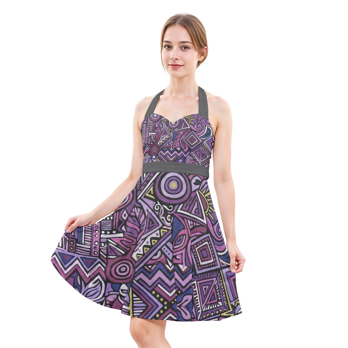 LuckeLadybug Fit & Flare Boho Bride Dress in Colorful Abstract Pattern for Unique Weddings