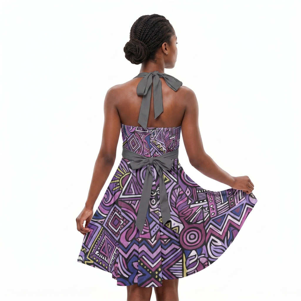 LuckeLadybug Fit & Flare Boho Bride Dress in Purple with Artistic Patterns and Back Tie Detail