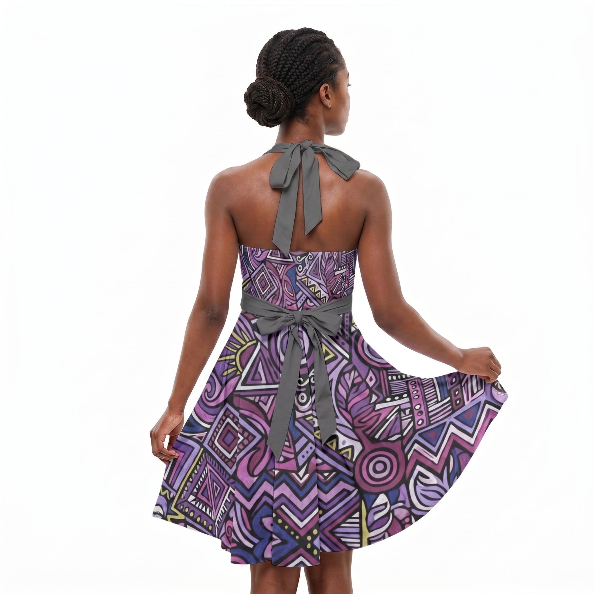 LuckeLadybug Fit & Flare Boho Bride Dress in Purple with Artistic Patterns and Back Tie Detail
