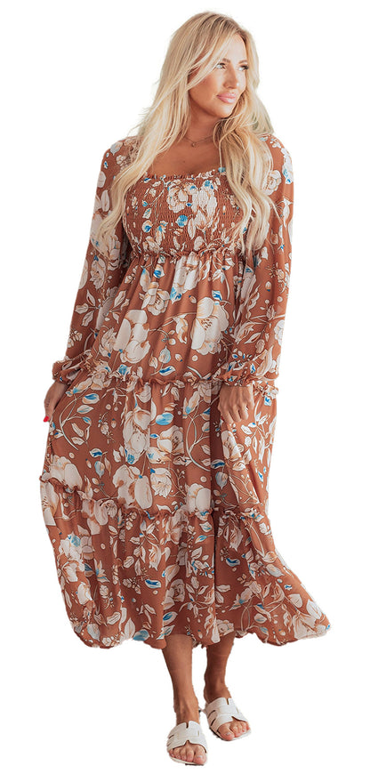 Dear Lover Dropshipping brown floral maxi dress with smocked bodice long sleeves tiered skirt model wearing sandals