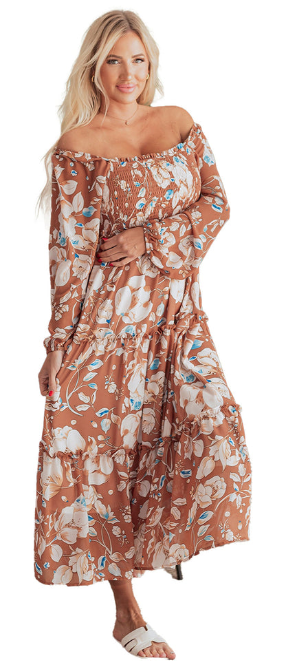 Model wearing a brown floral maxi dress off shoulder long sleeves tiered skirt casual summer outfit with sandals