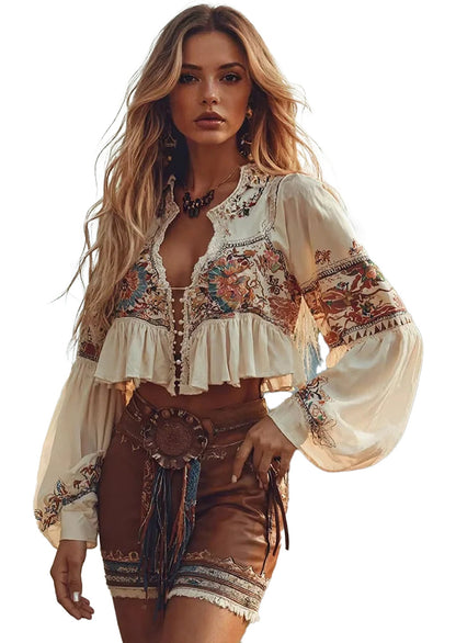 Boho Floral Blouse Women Chic Peasant Top