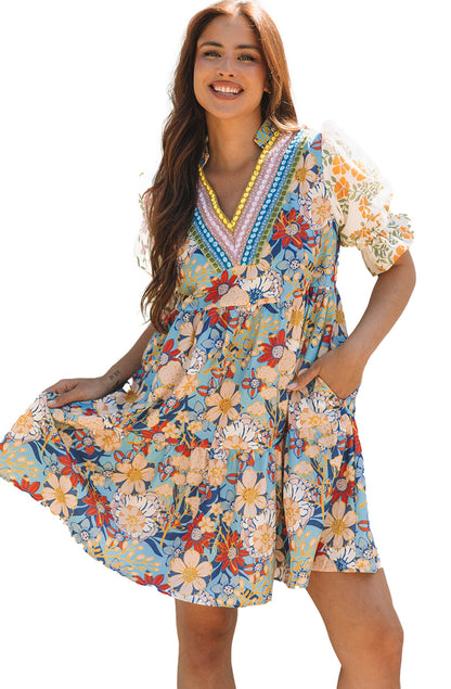 LuckeLadybug boho floral mini dress with vibrant colors and puff sleeves for a stylish summer look