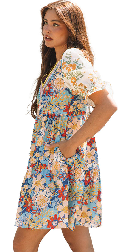 LuckeLadybug boho floral mini dress with puff sleeves and floral pattern, perfect for casual outings