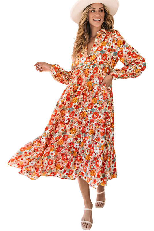 LuckeLadybug boho floral ruffled dress with vibrant colors and flowy silhouette for seasonal style