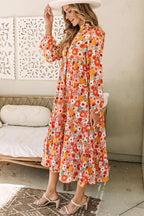 LuckeLadybug boho floral ruffled dress in vibrant colors with long sleeves and a flowy silhouette