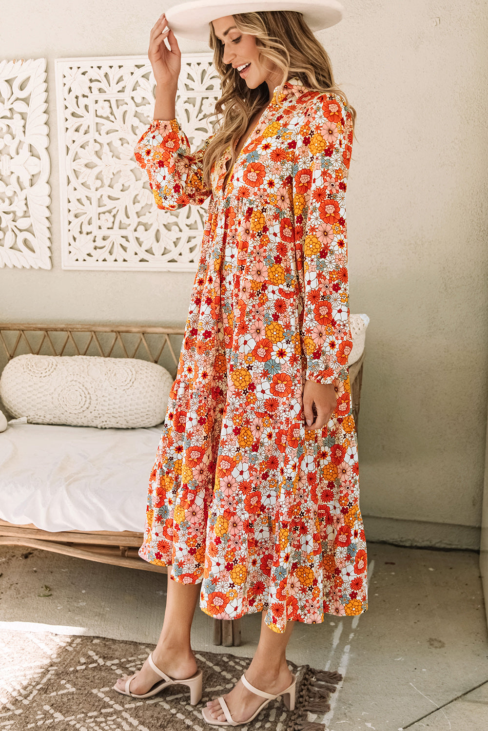 LuckeLadybug boho floral ruffled dress in vibrant colors with long sleeves and a flowy silhouette