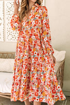 LuckeLadybug boho floral ruffled dress in vibrant colors with long sleeves and a relaxed fit