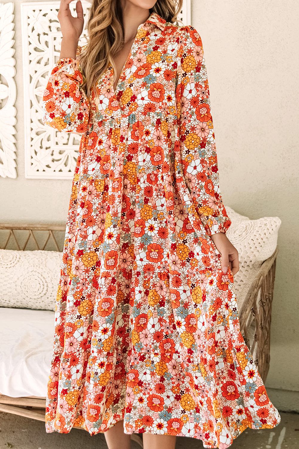 LuckeLadybug boho floral ruffled dress in vibrant colors with long sleeves and a relaxed fit