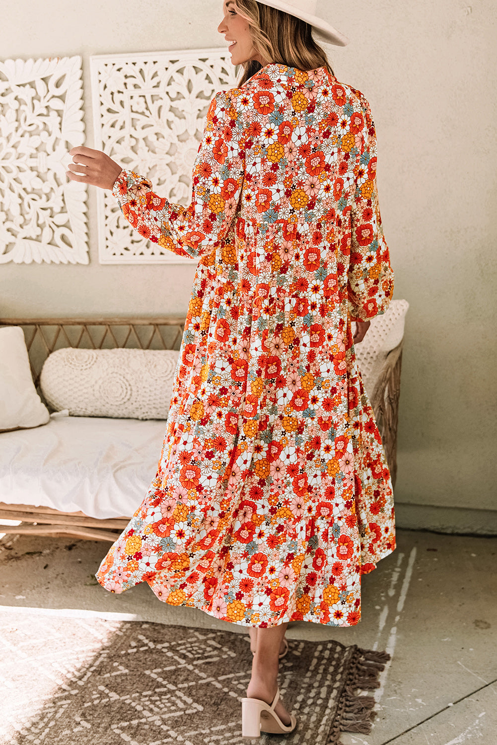 LuckeLadybug boho floral ruffled dress in vibrant colors, perfect for a stylish and relaxed look