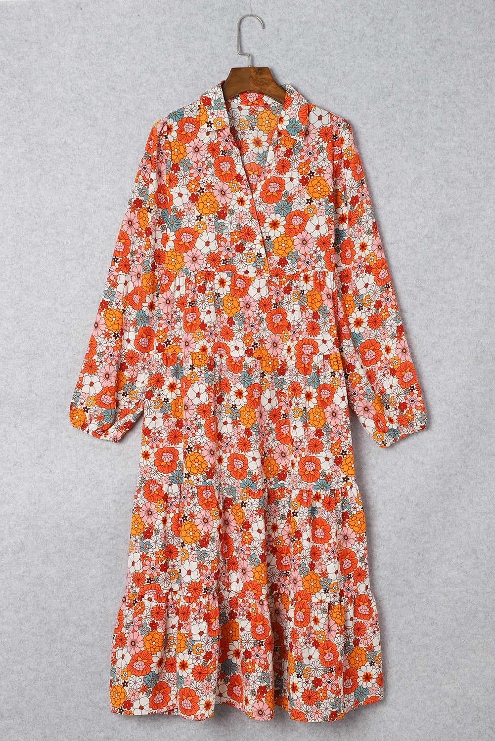 LuckeLadybug boho floral ruffled dress in vibrant orange and floral patterns for a stylish summer look