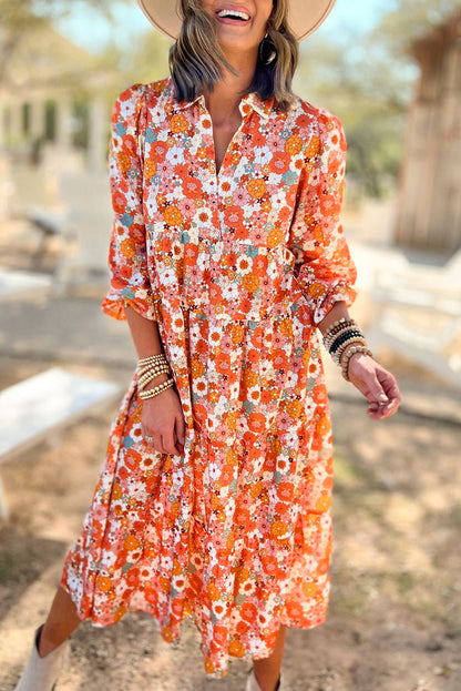 LuckeLadybug boho floral ruffled dress in orange with a relaxed fit and button-up front, perfect for spring outings