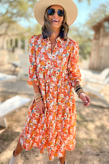 LuckeLadybug boho floral ruffled dress with long sleeves and a vibrant orange floral pattern