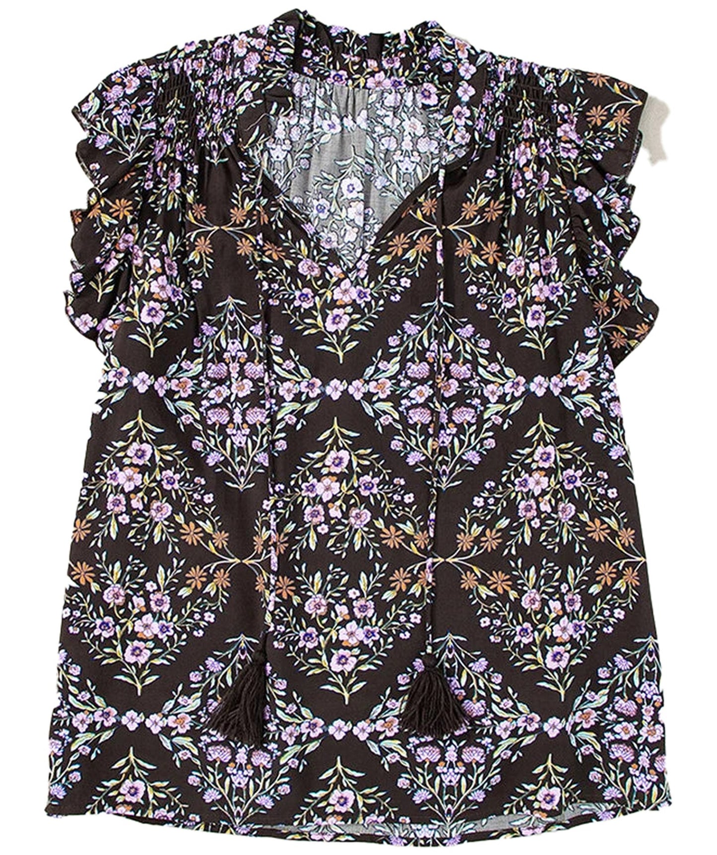 Boho floral sleeveless blouse in black with ruffled sleeves and tassel accents for a stylish look