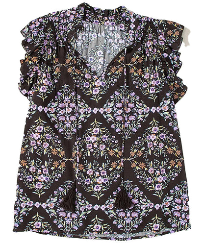 Boho floral sleeveless blouse in black with ruffled sleeves and tassel accents for a stylish look