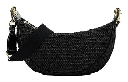 Trendy black boho straw hobo bag for women with stylish shoulder strap and woven design