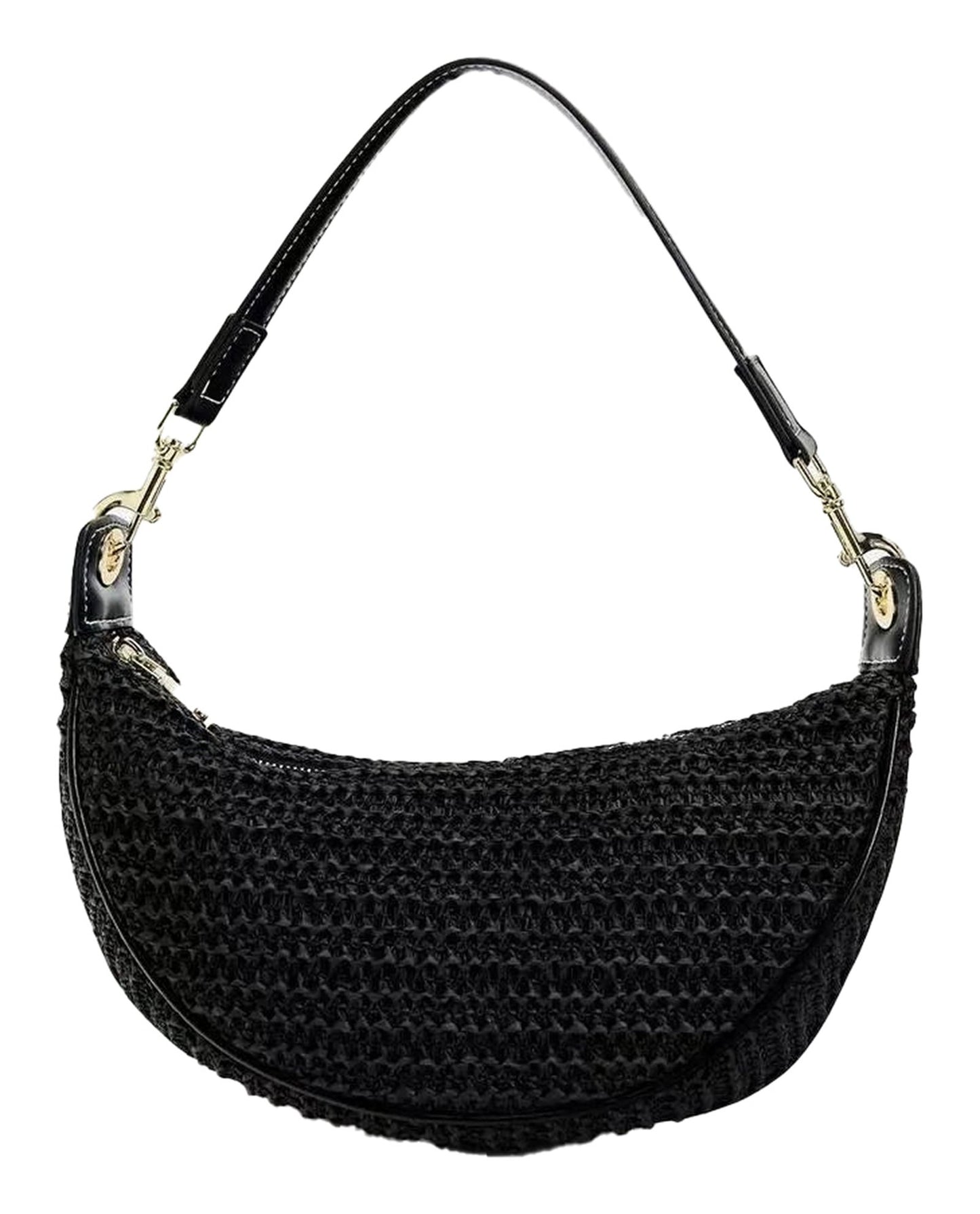 Elegant black boho straw hobo bag for women with a stylish curved design and adjustable strap