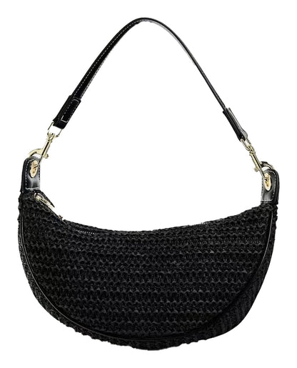 Elegant black boho straw hobo bag for women with a stylish curved design and adjustable strap