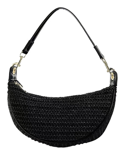 Stylish black boho straw hobo bag for women with a chic curved design and adjustable handle