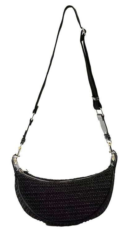 LuckeLadybug LLC boho straw hobo bag for women with a stylish black design and adjustable strap