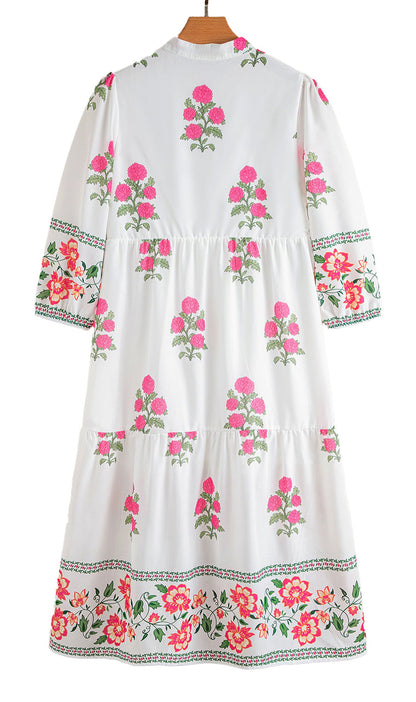 LuckeLadybug white floral maxi dress with pink rose print tiered skirt and three quarter sleeves