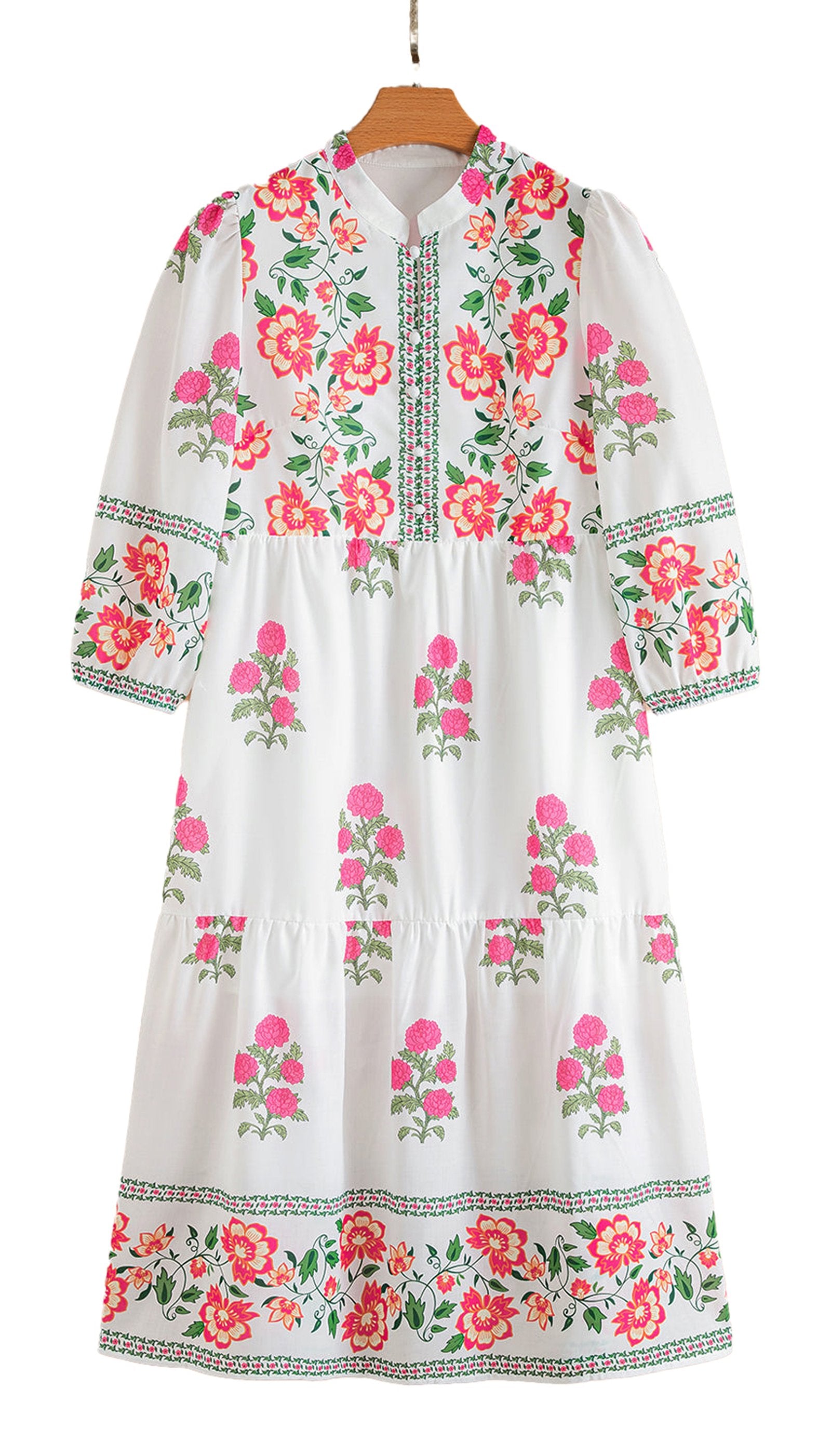 LuckeLadybug white floral maxi dress with pink and red embroidered flowers three quarter sleeves tiered skirt
