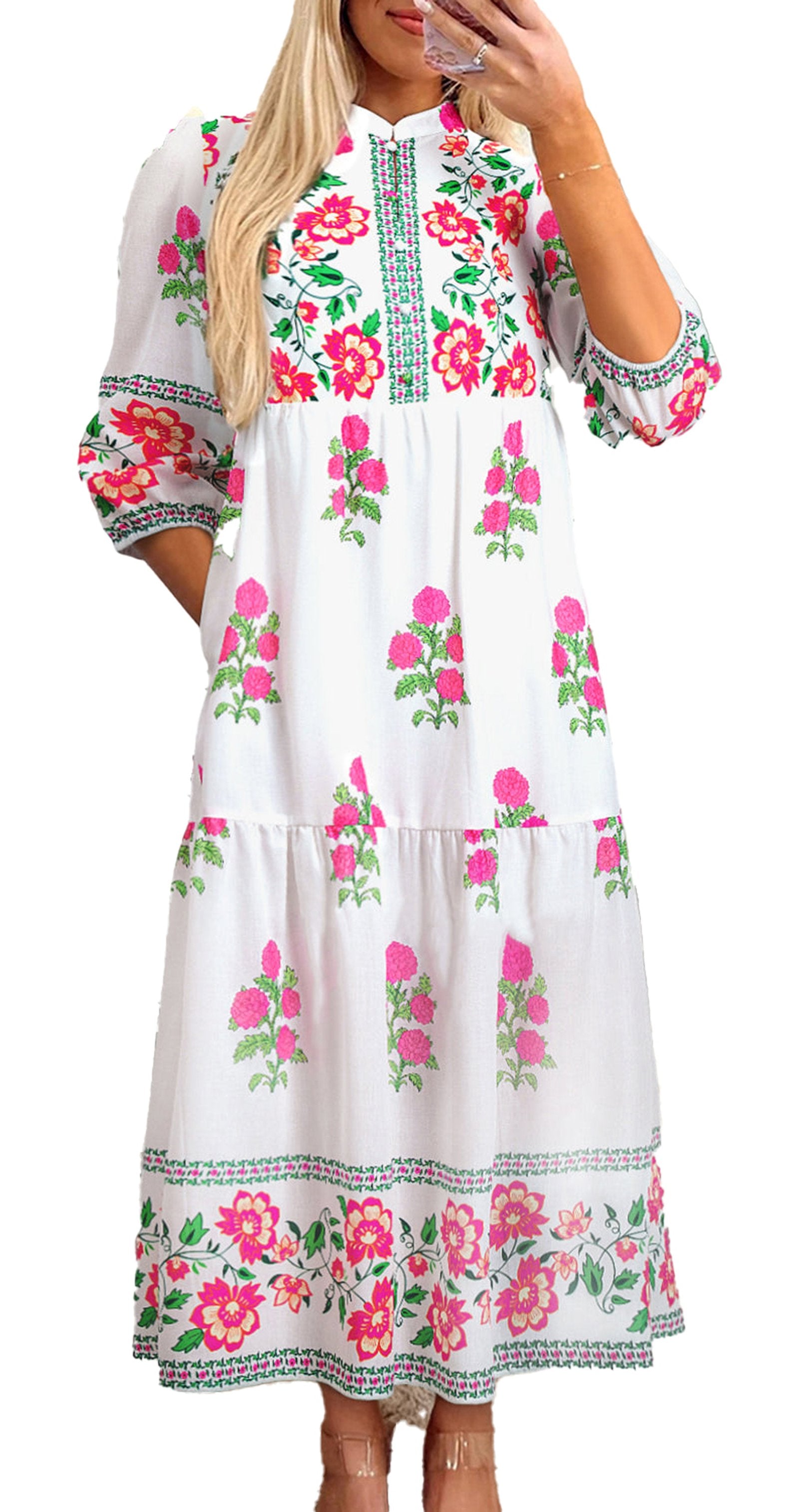 LuckeLadybug white floral maxi dress with pink rose print long sleeves tiered boho silhouette