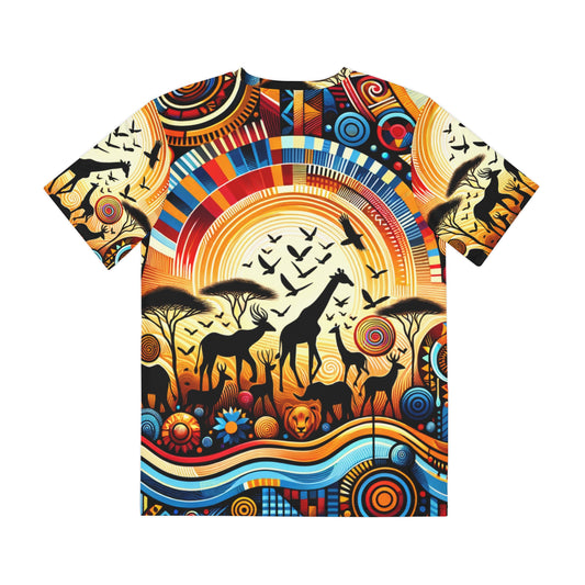 Bold cultural fashion tee for men featuring vibrant African wildlife and geometric patterns
