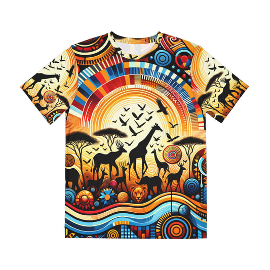 LuckeLadybug bold cultural fashion tee for men with vibrant African wildlife and sunset design
