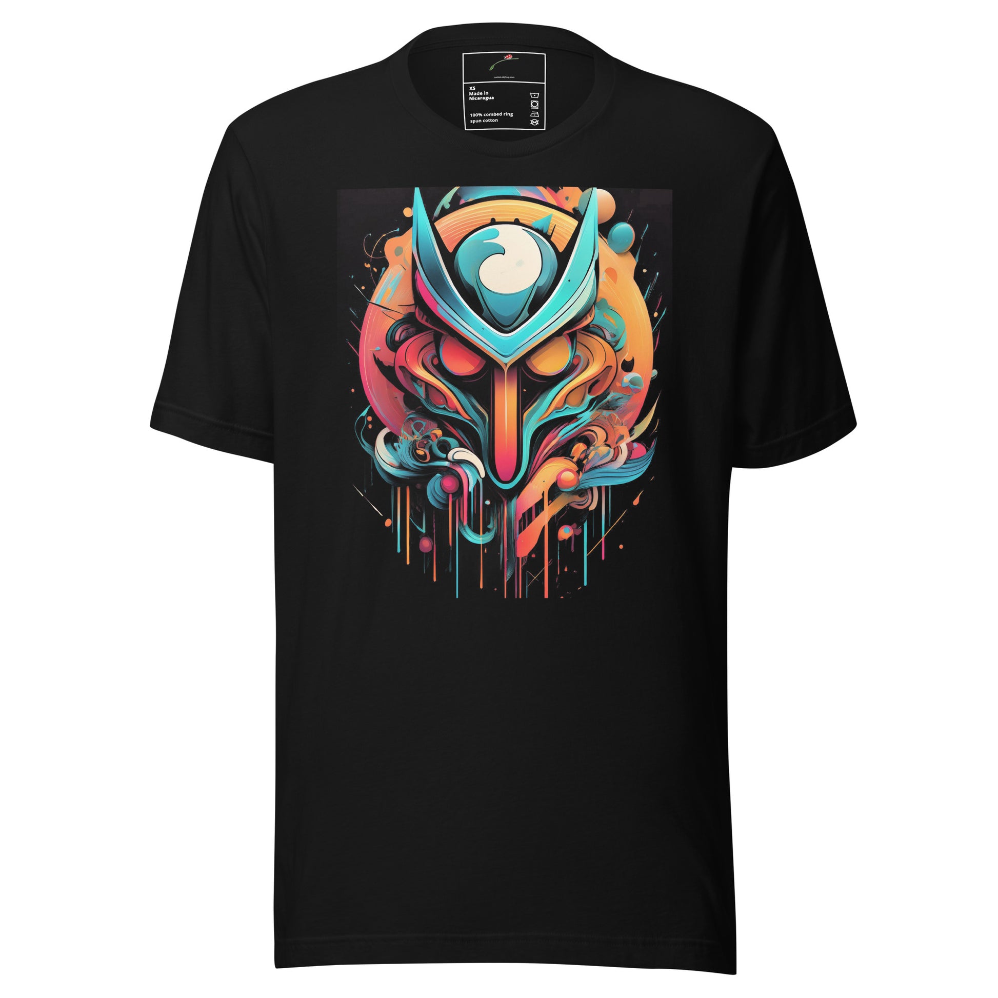 LuckeLadybug black t-shirt with bold graffiti art t-shirt design featuring colorful abstract mask