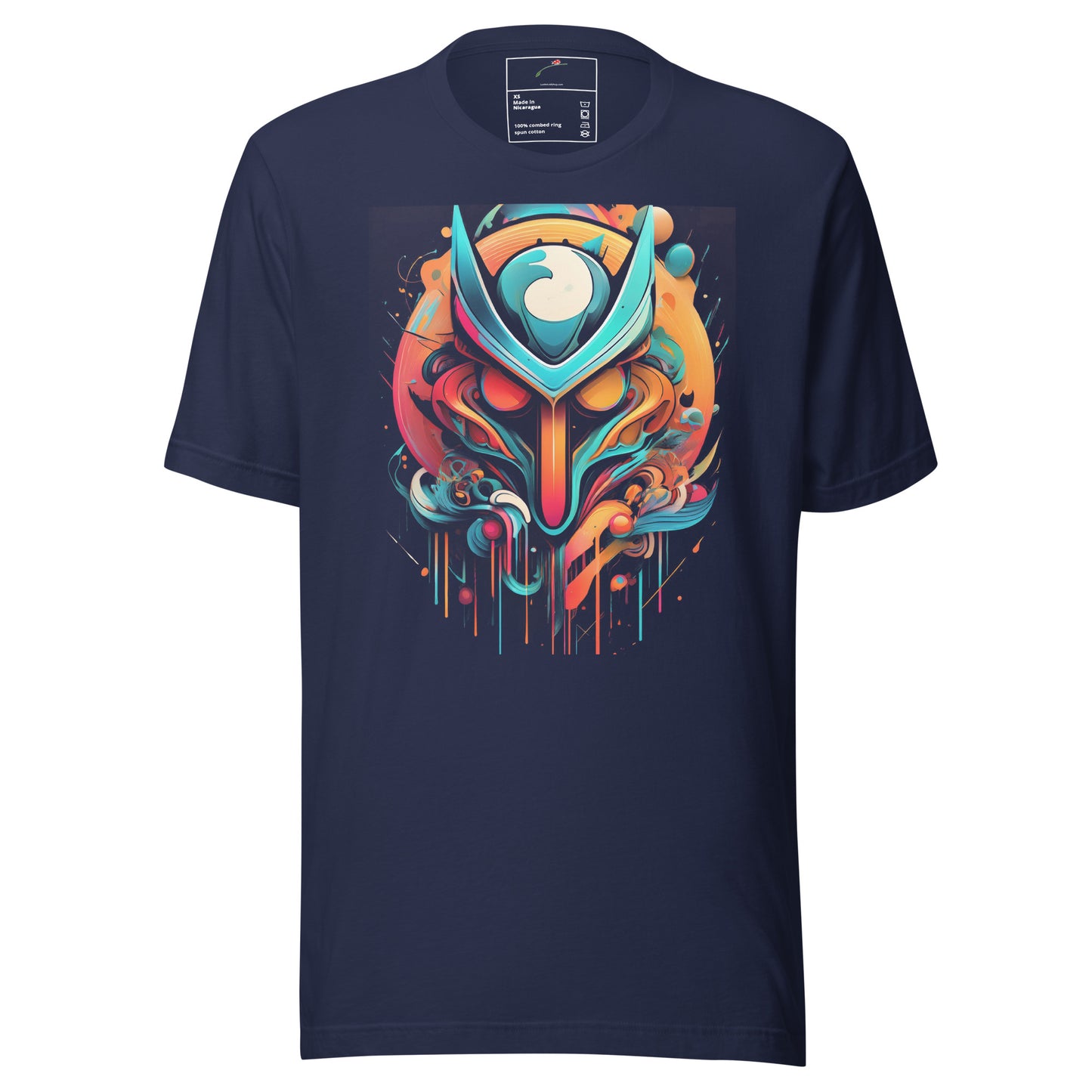 LuckeLadybug bold graffiti art t-shirt in navy blue with colorful abstract mask design