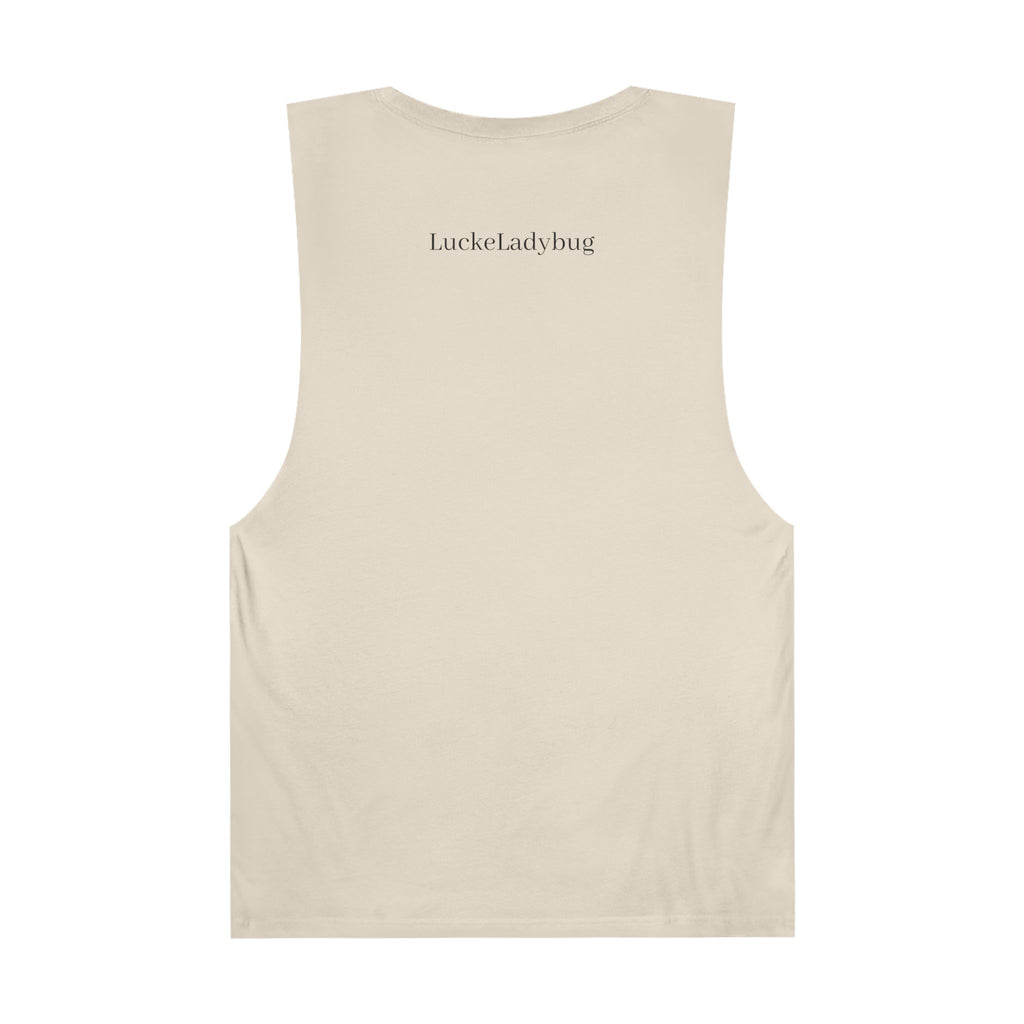 Back view of LuckeLadybug beige tank top with bold ladybug print tank branding near neckline