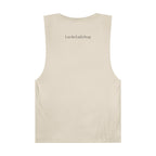 Back view of LuckeLadybug beige tank top with bold ladybug print tank branding near neckline