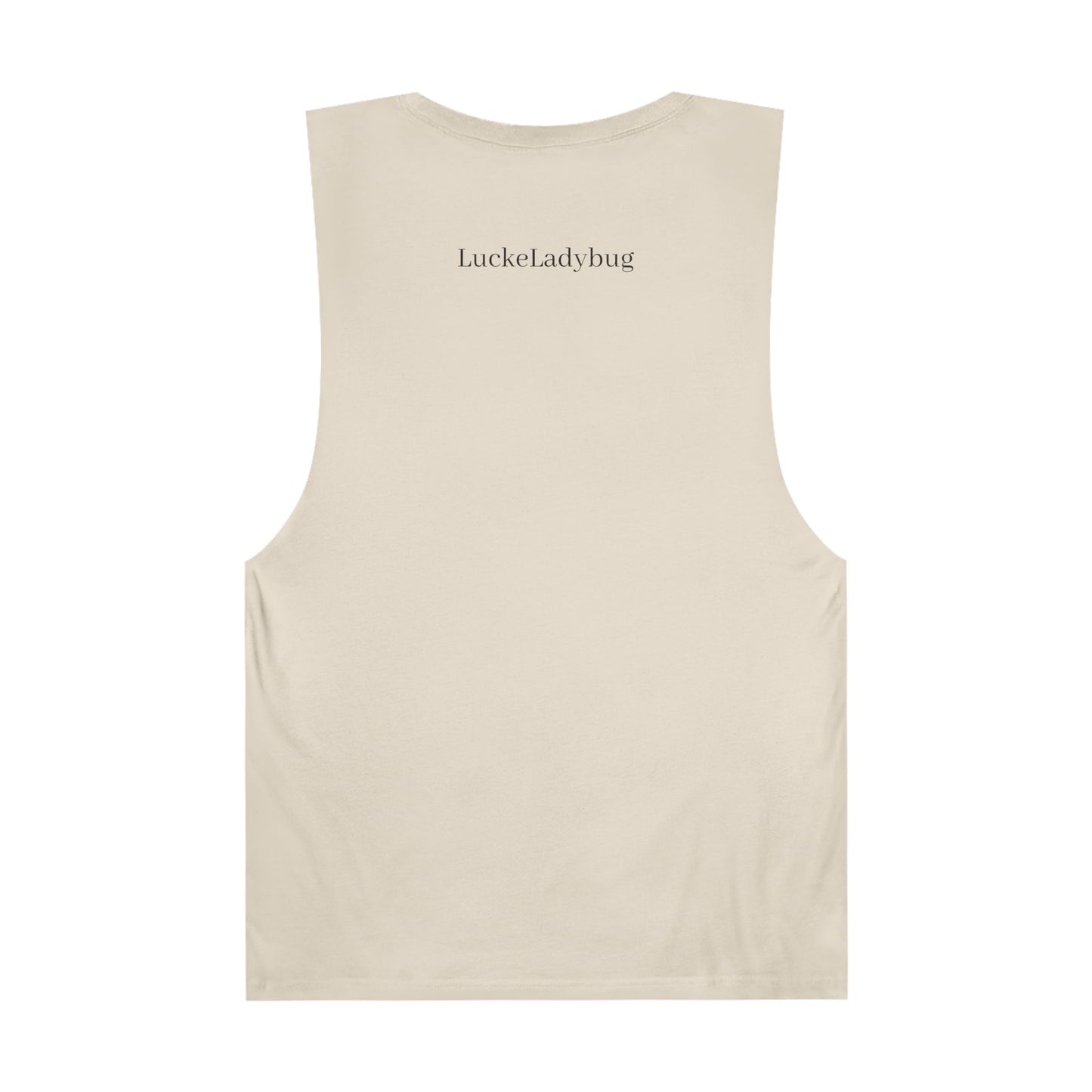 Back view of LuckeLadybug beige tank top with bold ladybug print tank branding near neckline