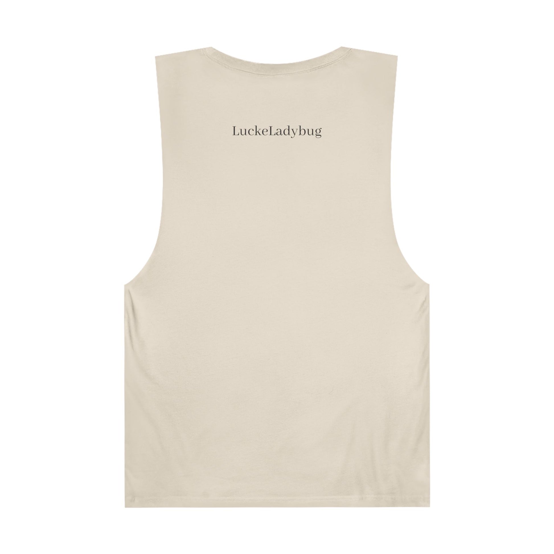 Back view of LuckeLadybug beige tank top with bold ladybug print tank branding near neckline