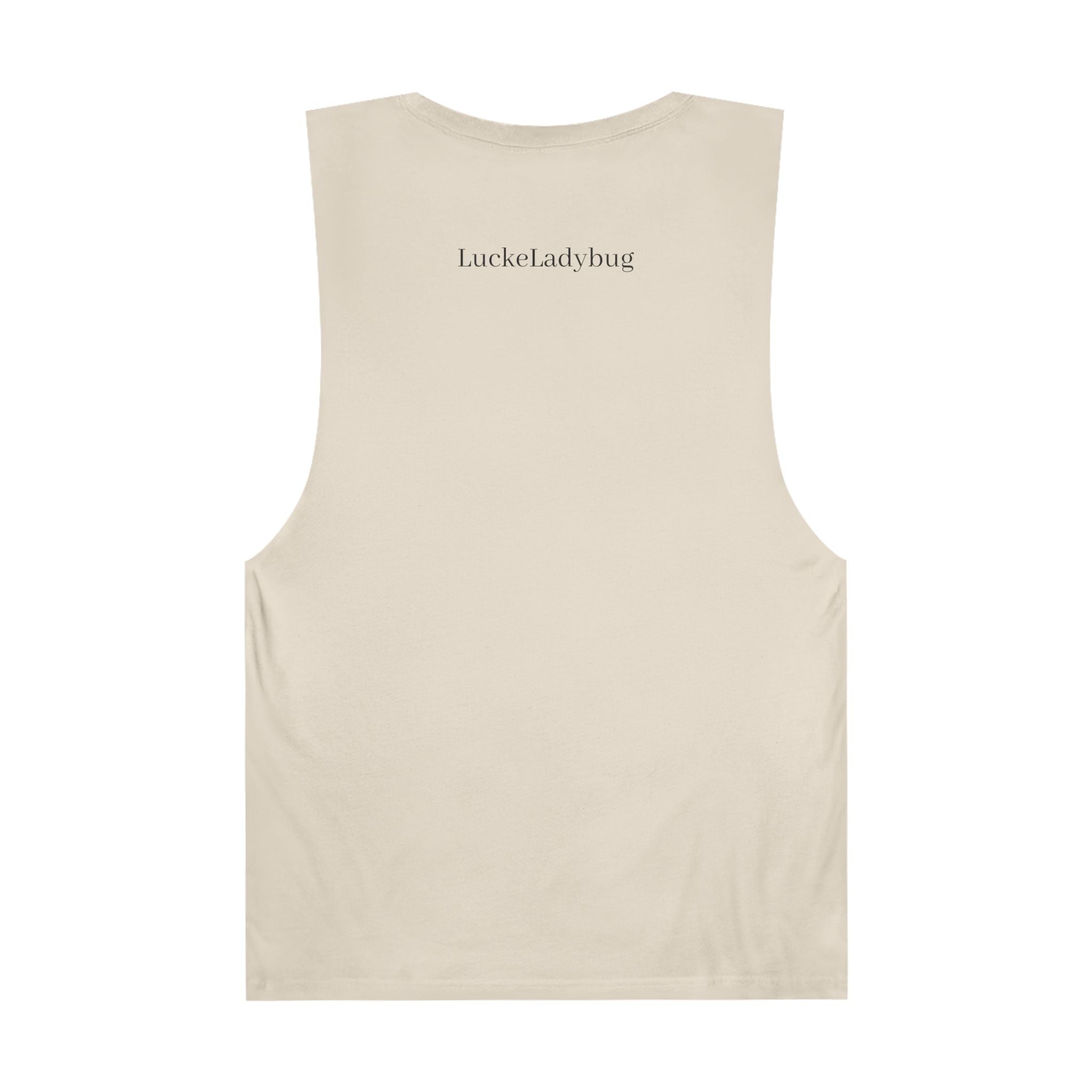 Back view of LuckeLadybug beige tank top with bold ladybug print tank branding near neckline