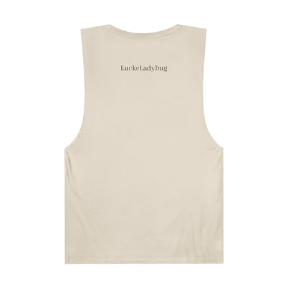 Back view of LuckeLadybug beige tank top with bold ladybug print tank branding near neckline