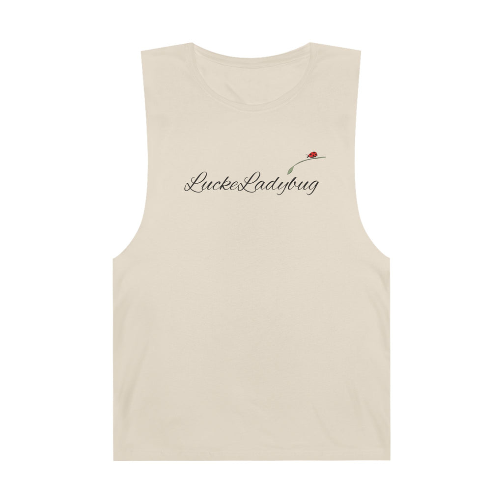 LuckeLadybug beige tank top with bold ladybug print tank design and logo on front