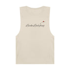 LuckeLadybug beige tank top with bold ladybug print tank design and logo on front
